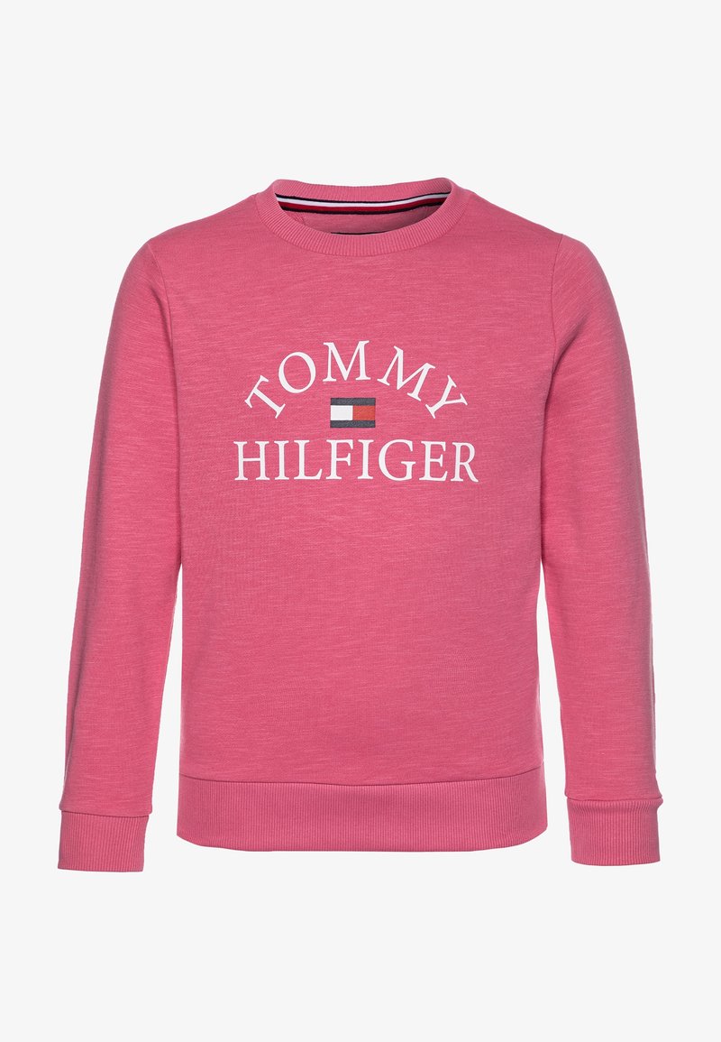 Sudadera rosa con cuello redondo y mangas largas. Presenta el texto "TOMMY HILFIGER" en blanco, con un pequeño acento de logo en el centro.
