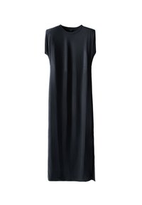 Black, sleeveless dress made of soft fabric. Features a crew neck, straight silhouette, and side slits for ease of movement. Simple design.