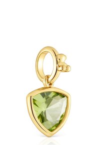 Złocony zawieszkowy element ozdobny z trójkątnym, fasetowanym jasnym zielonym kamieniem szlachetnym o gładkim wykończeniu i zaokrąglonym zaczepem.