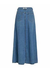 Modra jeans midi krila z zadnjimi žepi, osrednjim šivom in elastičnim pasom, označena z "ROUGE EDIT."