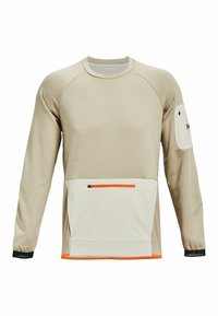 Felpa beige a maniche lunghe con collo rotondo, dotata di tasca frontale bianca con zip arancione e una piccola tasca con zip sulla manica sinistra.