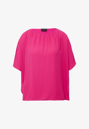 Top in chiffon rosa con vestibilità ampia, scollatura arrotondata e maniche corte. Presenta dettagli di arricciatura lungo la scollatura.