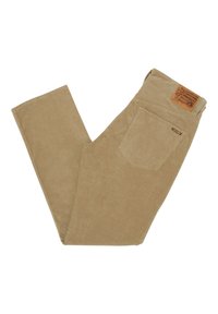 Pantalones de pana beige con piernas rectas, que cuentan con un bolsillo trasero y un parche de cuero con marca en la cintura. Tela suave y texturizada.