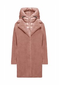 Lungo cappotto rosa con un esterno strutturato e peloso e un cappuccio imbottito e voluminoso. Presenta una chiusura con zip e ampi sinonimi.