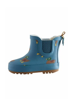 Blue waterproof children's ankle boot with duck prints, brown textured sole, elastic side panel, and pull tab at the back.