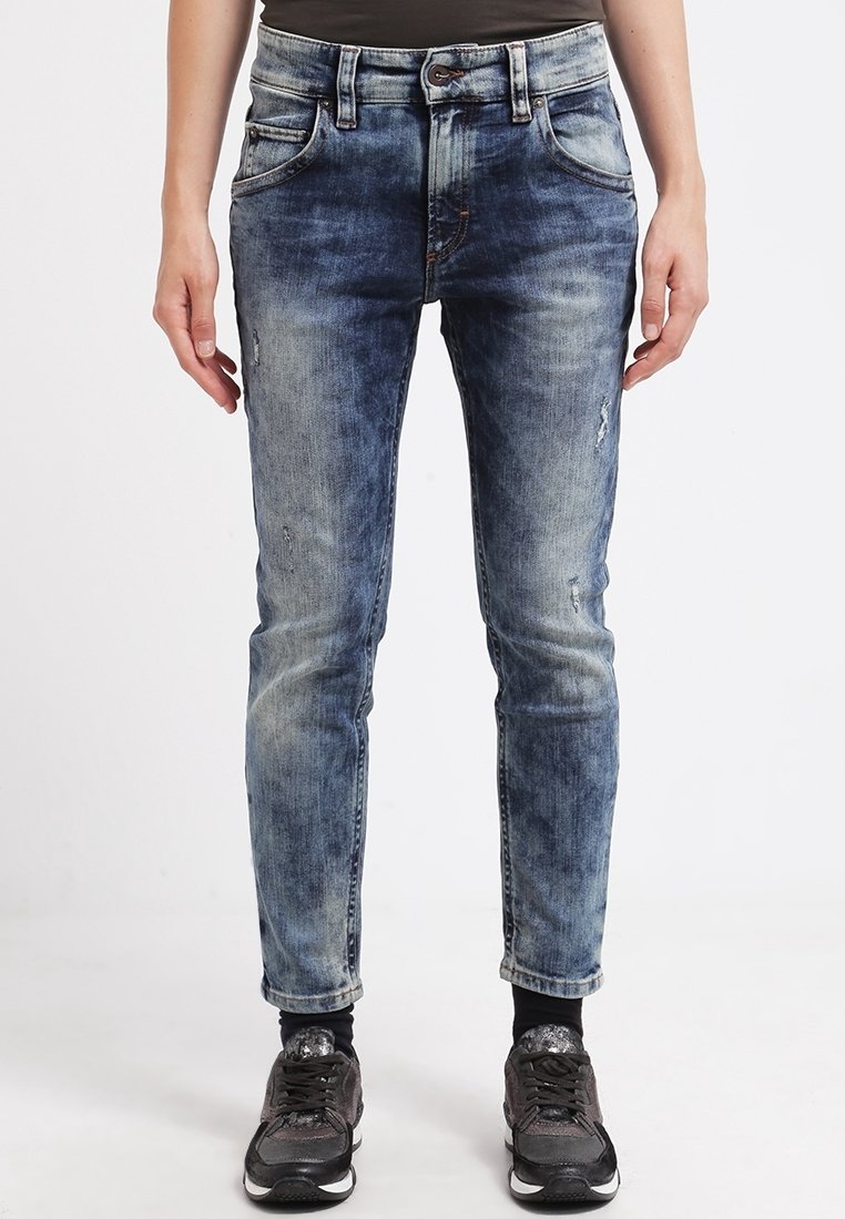 Slim-fit jeans i blekt blå denim, med lätt slitage, fem fickor och knäppning i midjan.