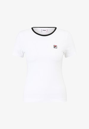 Hvid kortærmet t-shirt lavet af bomuld, med en sort ribbet rundhals og et lille broderet FILA-logo på venstre bryst.