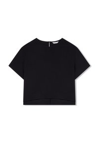 Top corto nero con maniche corte, scollatura rotonda e zip nascosta sul retro. Texture liscia e design minimalista.