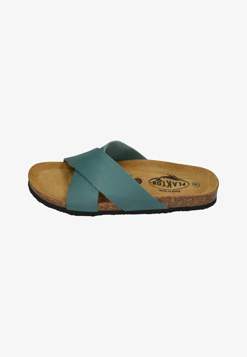 Teal leather slide sandal with cross straps, cork footbed, and textured rubber outsole. Simple design, with beige interior and brand logo.