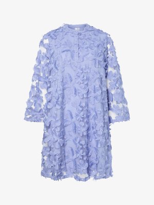 Light purple dress with floral embroidery, featuring a round neckline, long sleeves, and sheer fabric, adorned with three-dimensional flower details.