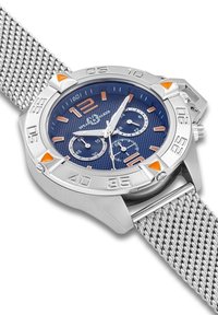 Silberner Edelstahl-Uhr mit einem blauen strukturierten Zifferblatt, orangefarbenen Akzenten, Tachymeter-Lünette und einem Mesh-Armband. Verfügt über Subdials für Chronofunktionen.