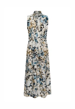 Robe maxi sans manches avec col haut, taille cintrée et motif abstrait éclaboussé aux tons bleus, beige, noirs et blancs.