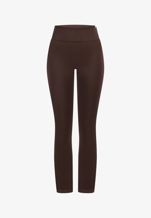 Brązowe legginsy z wysokim stanem, gładkim wzornictwem i gładką fakturą. Przylegające do ciała, długości całkowitej, wykonane z elastycznego materiału.