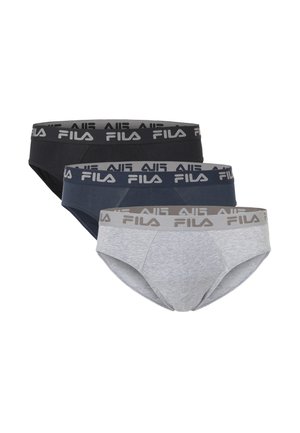 Drei Herren-Slips in Schwarz, Marineblau und Hellgrau mit grauen elastischen Bundabschlüssen, die das FILA-Logo in kontrastierenden Farben tragen.