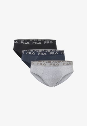 Tres calzoncillos para hombre en negro, azul marino y gris claro con cinturas elásticas grises con el logo de FILA en colores contrastantes.