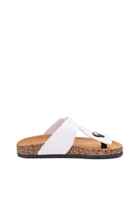 Sandalo bianco con suola in sughero, cinturino regolabile con accento nero e soletta testurizzata per il massimo comfort. Design open-toe.