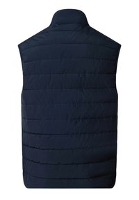 Veste sans manches matelassée bleu marine avec coutures horizontales et col montant vue de dos.