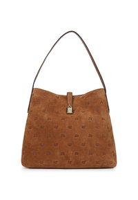 Hnědá semišová kabelka s hladkým povrchem, horním uchem a kovovým zapínáním. Obsahuje jemný embosovaný vzor po celém povrchu.