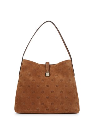 Hnědá semišová kabelka s hladkým povrchem, horním uchem a kovovým zapínáním. Obsahuje jemný embosovaný vzor po celém povrchu.