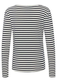 Long-sleeve top featuring a navy and white horizontal striped pattern, made from soft fabric with a rounded neckline and a straight hem.