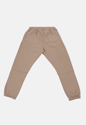 Beige Sweatpants mit elastischem Bund, eng zulaufenden Beinen und einer Gesäßtasche, aus einem weichen Stoff mit glatter Textur.
