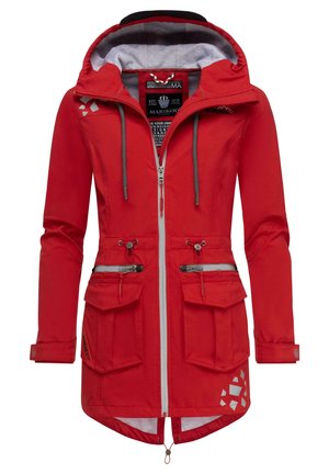 Red waterproof jacket with a grey inside, adjustable hood, two front pockets with zippers, and reflective accents. Casual fit with a longer hem.
