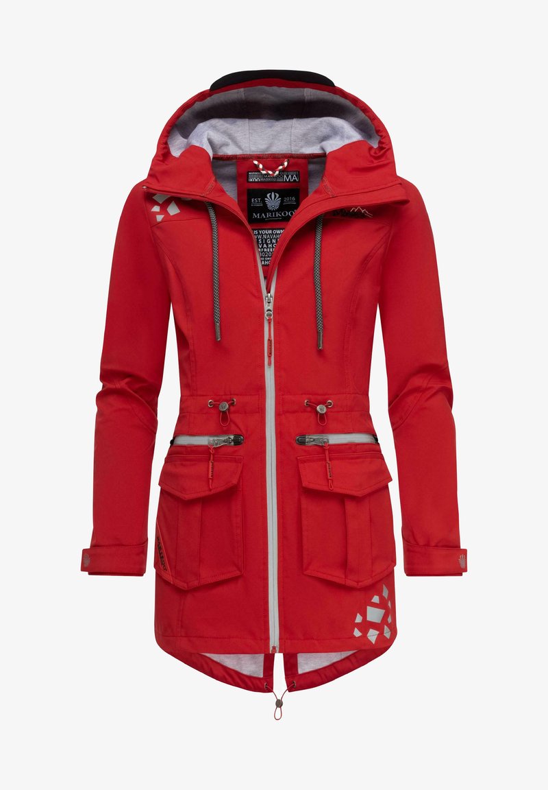 Red waterproof jacket with a grey inside, adjustable hood, two front pockets with zippers, and reflective accents. Casual fit with a longer hem.