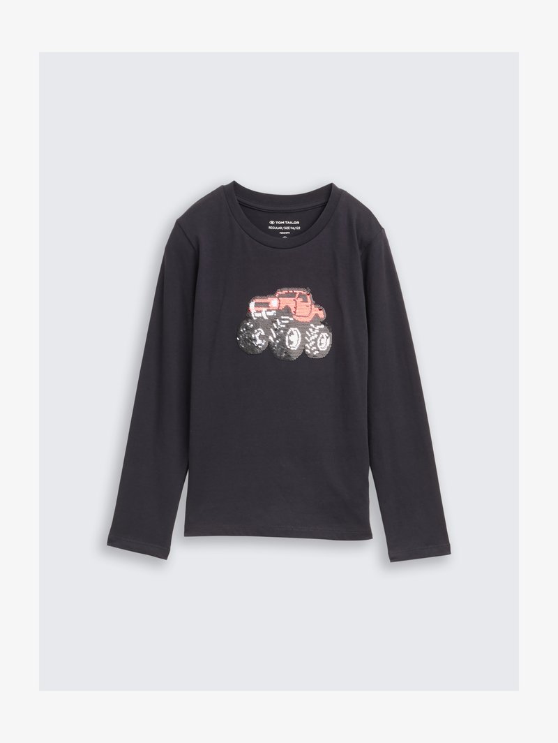 Zwart kinderhemd met lange mouwen en een design van een roze monstertruck gemaakt van omkeerbare pailletten aan de voorkant.