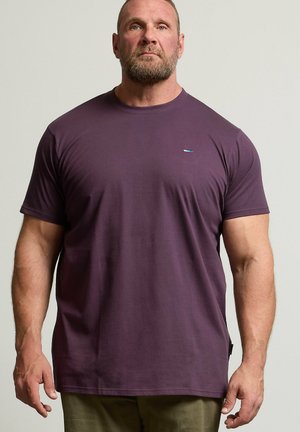 Bärtiger Mann mit schlichtem lila Kurzarm-T-Shirt und grüner Hose steht frontal vor einem hellgrauen Hintergrund.