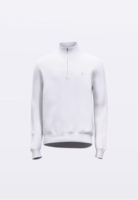 Weißer Pullover mit Reißverschluss, Stehkragen, langen Ärmeln und geripptem Saum. Verfügt über ein kleines, tonales Logo auf der Brust. Glatte Textur.
