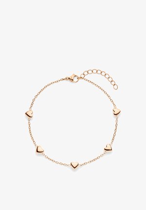 Armband aus Roségold mit fünf kleinen, herzförmigen Akzenten, verbunden durch eine filigrane Kette. Mit einem Karabinerverschluss und verstellbarer Länge.