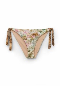 Kwiatowe majtki bikini z bocznymi wiązaniami w różowo-zielonym wzorze, z beżowym wnętrzem i szczegółami w panterkę.