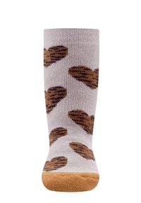 Skarpetki do kolan w jasnoszarym kolorze z wypukłym wzorem brązowych serc. Posiadają jednolity, beżowy czubek oraz ściągacz na górze dla lepszego dopasowania i komfortu.