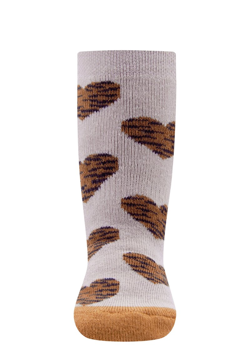 Skarpetki do kolan w jasnoszarym kolorze z wypukłym wzorem brązowych serc. Posiadają jednolity, beżowy czubek oraz ściągacz na górze dla lepszego dopasowania i komfortu.