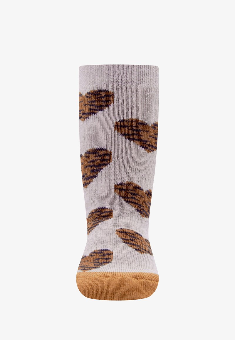 Skarpetki do kolan w jasnoszarym kolorze z wypukłym wzorem brązowych serc. Posiadają jednolity, beżowy czubek oraz ściągacz na górze dla lepszego dopasowania i komfortu.