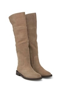 Bottes montantes en daim taupe clair avec une texture lisse, bout rond et fermeture éclair sur le côté. Semelle plate avec un accent brun subtil.