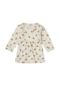 Cremfarbendes Longsleeve-Kleid mit floralem Kaktusmuster, gerafftem Bund und Druckknopfverschluss an der Seite. Aus weichem Stoff gefertigt.
