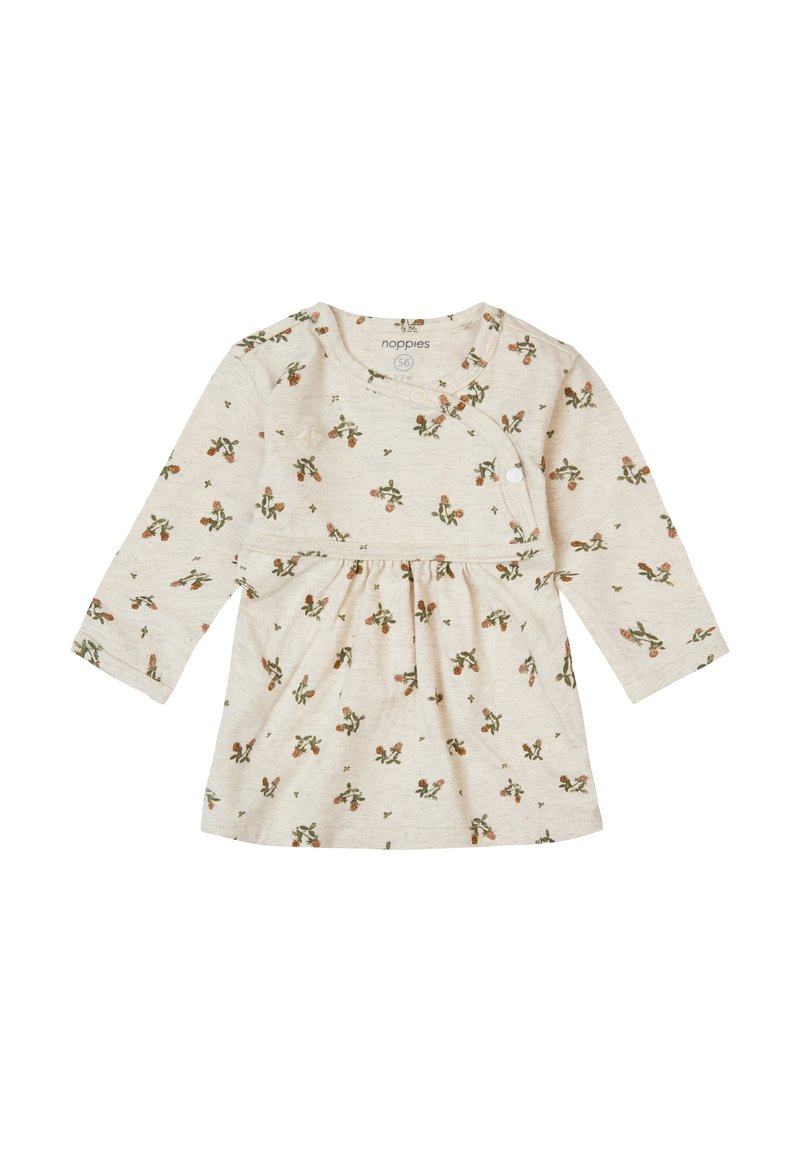 Cremfarbendes Longsleeve-Kleid mit floralem Kaktusmuster, gerafftem Bund und Druckknopfverschluss an der Seite. Aus weichem Stoff gefertigt.