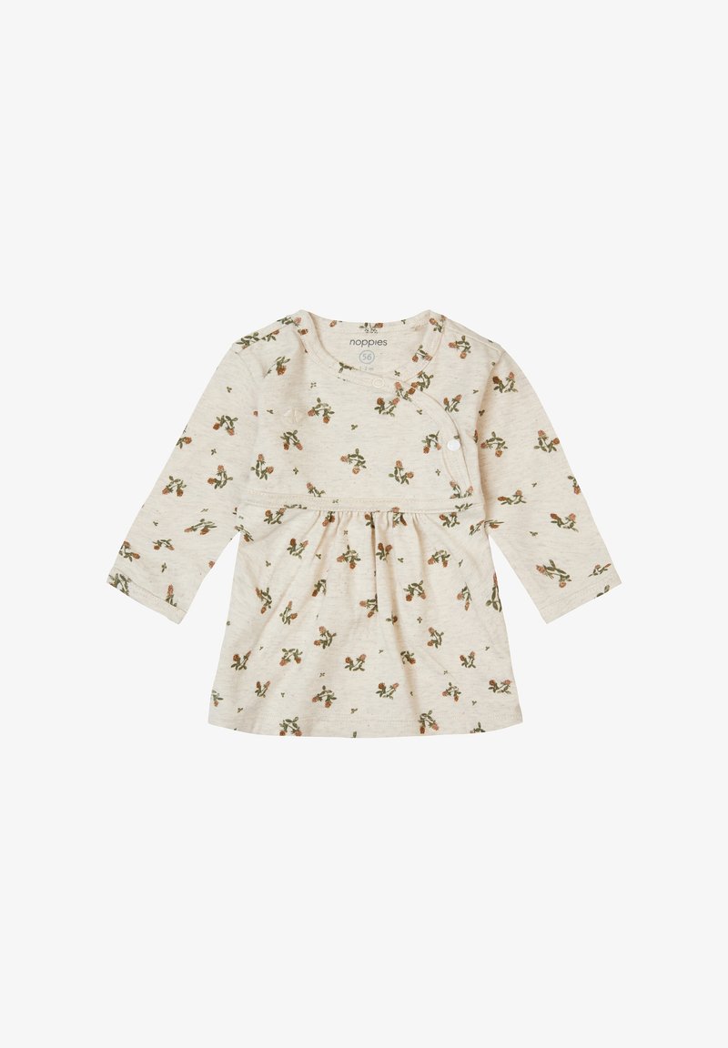 Krämfärgad långärmad klänning med ett blommönster av kaktusar, samlad midja och tryckknappsstängning på sidan. Tillverkad av mjukt material.