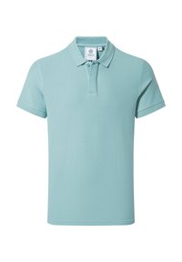Light blue polo shirt made of textured fabric with a collar, short sleeves, and a three-button placket. Features a logo tag inside.
