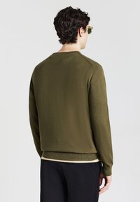 Olivgrüner Pullover mit Rundhalsausschnitt und geripptem Saum, aus weichem Material. Verfügt über lange Ärmel und eine glatte Textur ohne Verzierungen.