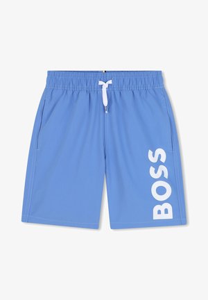 Kék úszónadrág könnyű anyagból, fehér zsinórral, oldalsó zsebekkel, és egy nagy fehér "BOSS" logóval a bal oldalon.