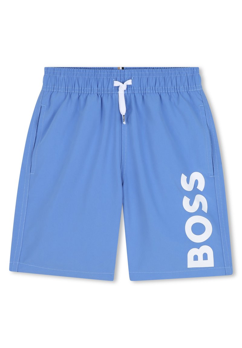 Zili peldkostīmi no viegla auduma, ar baltu auklu, sānu kabatām un lielu baltu "BOSS" logo kreisajā pusē.