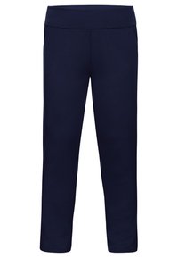 Marineblaue Hose mit einem weichen, elastischen Bund, gerade geschnitten und mit seitlichen Taschen für Funktionalität. Glatte Textur.