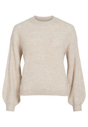 Bēša ribota džemperis ar augstu apaļu apkakli un balonveida piedurknēm. Fakturēts audums ar mīkstu izskatu. Klasisks piegriezums, bez redzamām rotājuma detaļām.