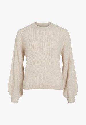 Bēša ribota džemperis ar augstu apaļu apkakli un balonveida piedurknēm. Fakturēts audums ar mīkstu izskatu. Klasisks piegriezums, bez redzamām rotājuma detaļām.