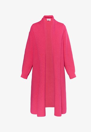 Gestrickte rosa Strickjacke mit langen Ärmeln, offenem Vorderteil und strukturiertem Design. Verfügt über gerippte Bündchen und eine lockere Silhouette.