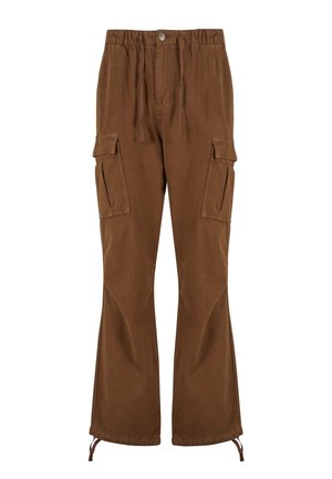 Pantalons cargo marron avec une taille élastique, des détails à cordon, deux poches latérales et des jambes plus larges avec des ourlets ajustables.