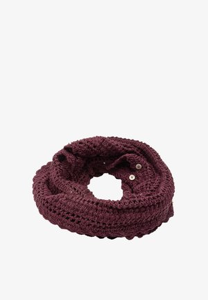 Bordowy, dzianinowy szalik w kształcie nieskończoności z teksturowanym wzorem, ozdobiony małymi dekoracyjnymi guzikami. Okrągły kształt umożliwia łatwe zakładanie i stylizowanie.
