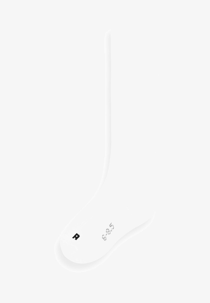 Biała skarpetka typu crew wykonana z gładkiego, elastycznego materiału. Posiada dzianą gumkę, z czarną literą "A" i szarymi cyframi nadrukowanymi na palcach.